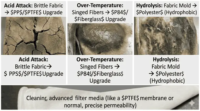 damaged-filter-bags-chemical-thermal-attack-ptfe-upgrade